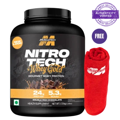 mti nitrotech whey gold double rich chocolate 1 72kg free red towel 1